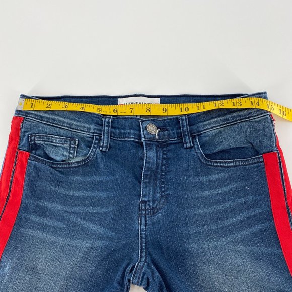 Etienne Marcel Tammy Side Stripe Skinny Double Red Ribbon High Low Raw Hem Jeans - Picture 10 of 16